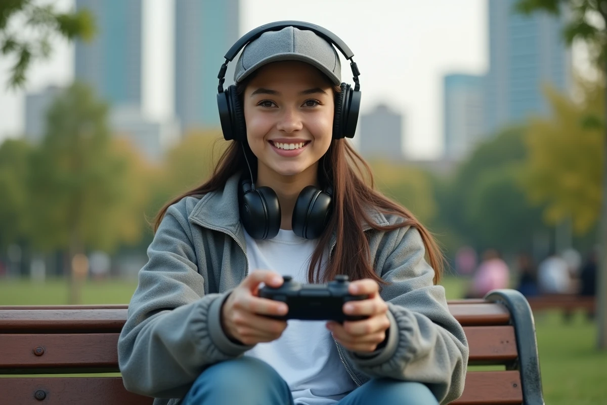 Jeune femme jouant en extérieur dans un parc urbain