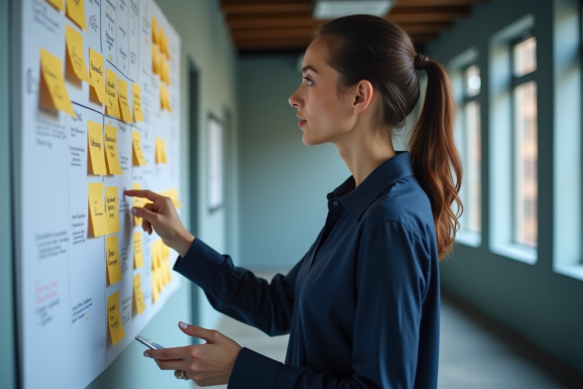 Jeune femme expliquant un diagramme UX sur un mur