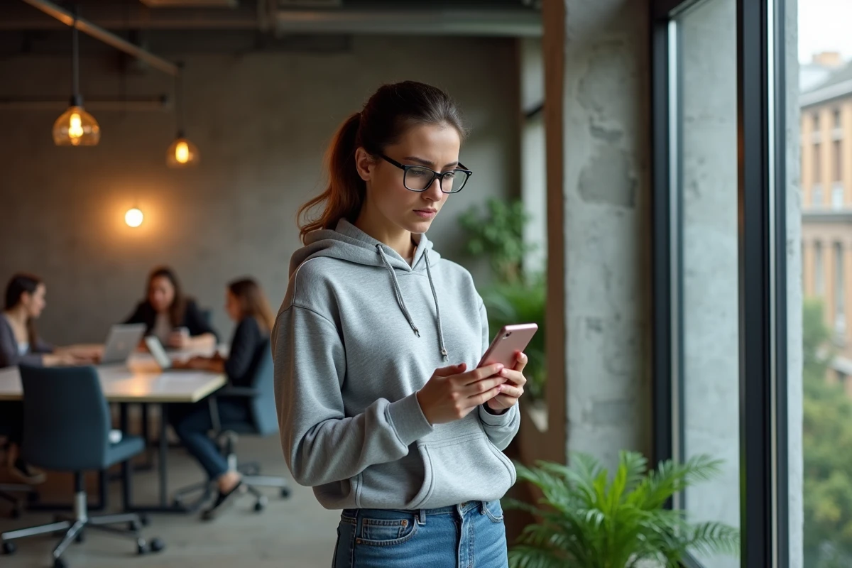 Femme lisant une notification légale sur smartphone suite à une infraction détectée par l'opérateur VERY