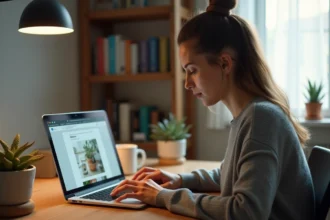 Femme travaillant sur WordPress pour insérer des photos dans un article de blog depuis un bureau à domicile