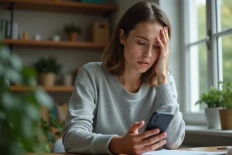 Femme inquiète consultant son iPhone pour retrouver des photos supprimées après une mise à jour iOS