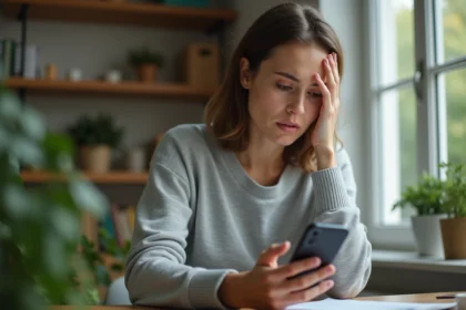 Femme inquiète consultant son iPhone pour retrouver des photos supprimées après une mise à jour iOS
