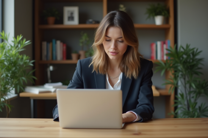 Jeune femme en blazer utilise empreinte digitale sur son ordinateur