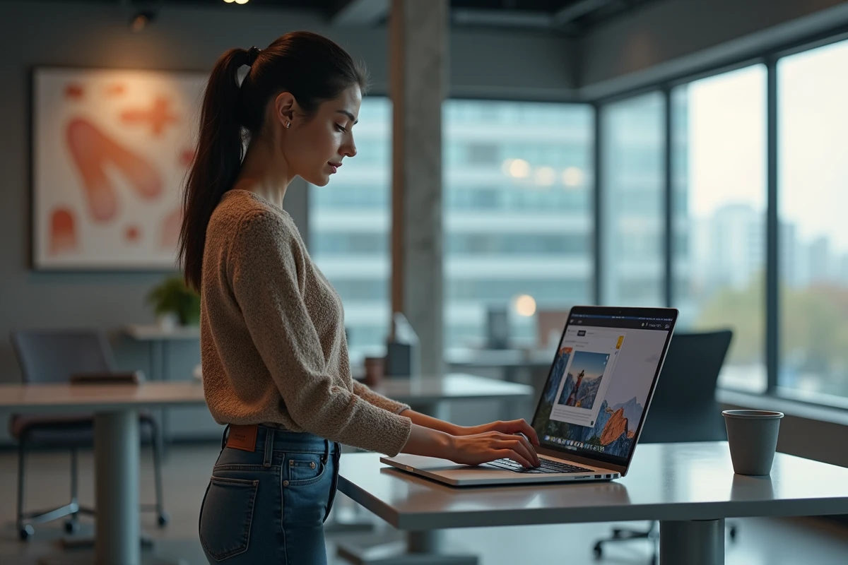 Jeune femme utilisant un laptop pour exporter une video HD