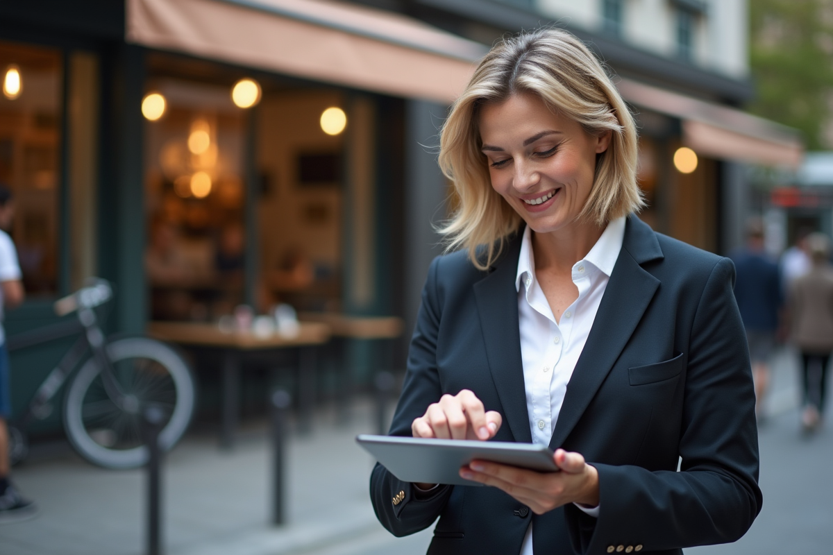 Femme marketeuse regardant son tablette en ville