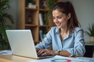 Jeune femme étudiant des graphiques SEO sur son ordinateur