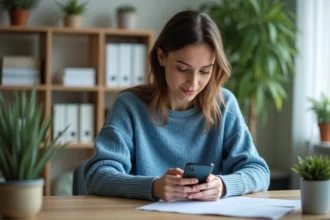 Femme organisée utilisant WhatsApp dans son bureau lumineux