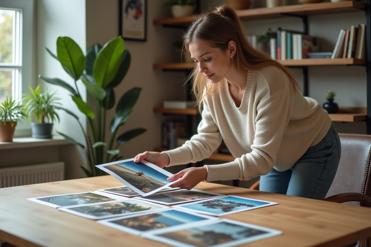 Jeune femme organisant des impressions photo dans un bureau