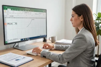 Femme professionnelle analysant un tableau Excel avec des calculs de différence de dates sur un écran widescreen dans un bureau moderne