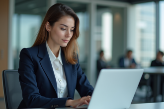 Femme professionnelle analysant des graphiques sur son ordinateur