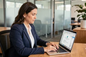 Femme professionnelle configurant une signature email dans un webmail sur ordinateur portable en open space
