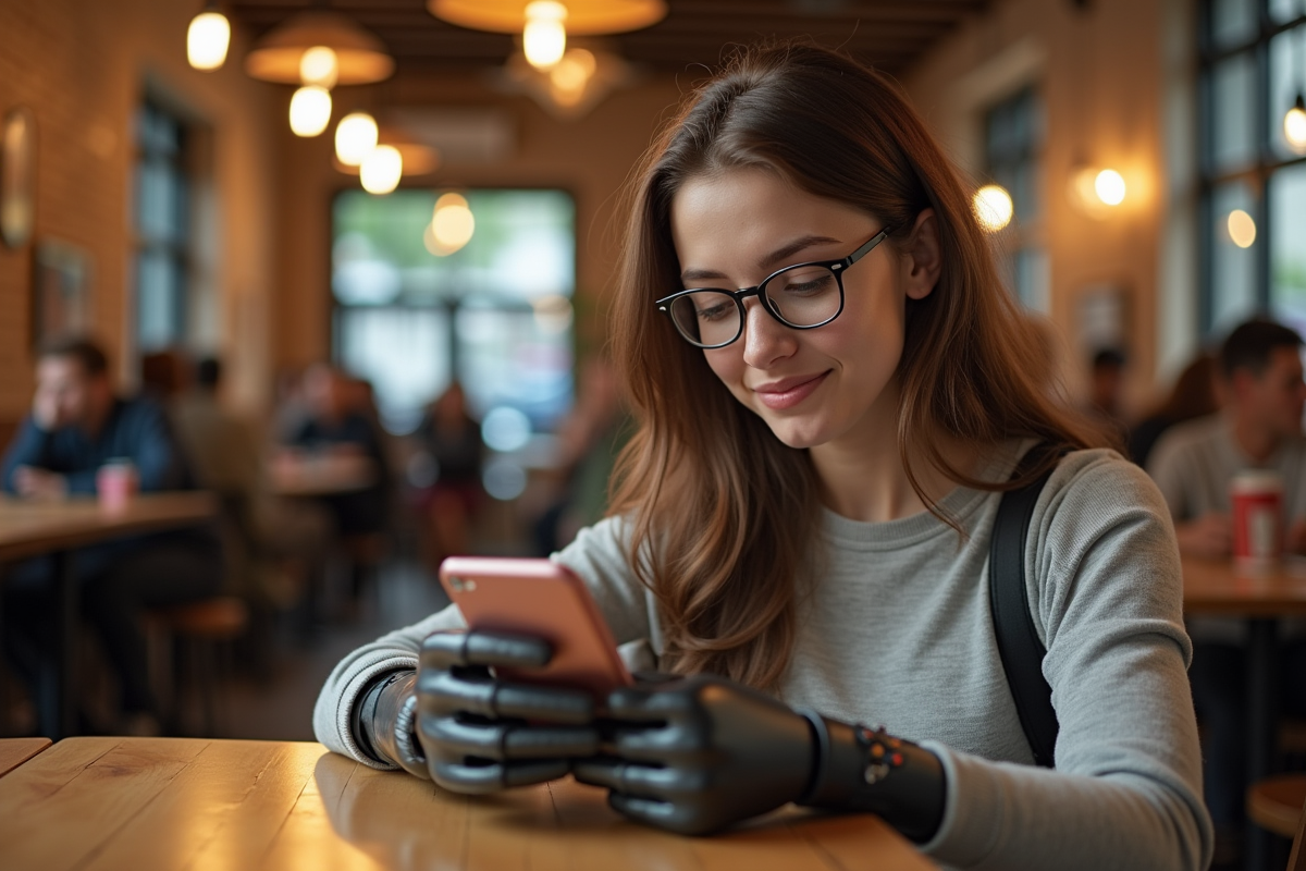 Jeune femme avec prothèse utilisant smartphone au café