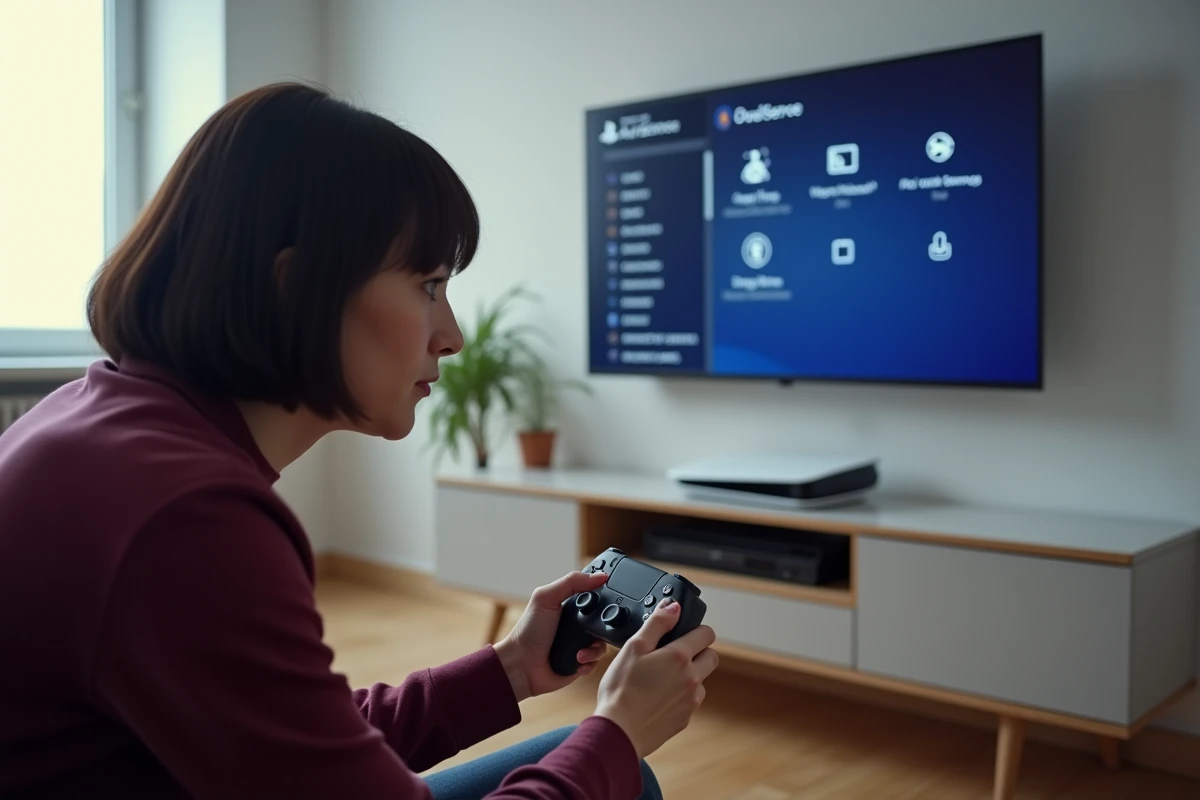 Femme désactivant la synthèse vocale PS5 via le menu accessibilité affiché sur la télévision
