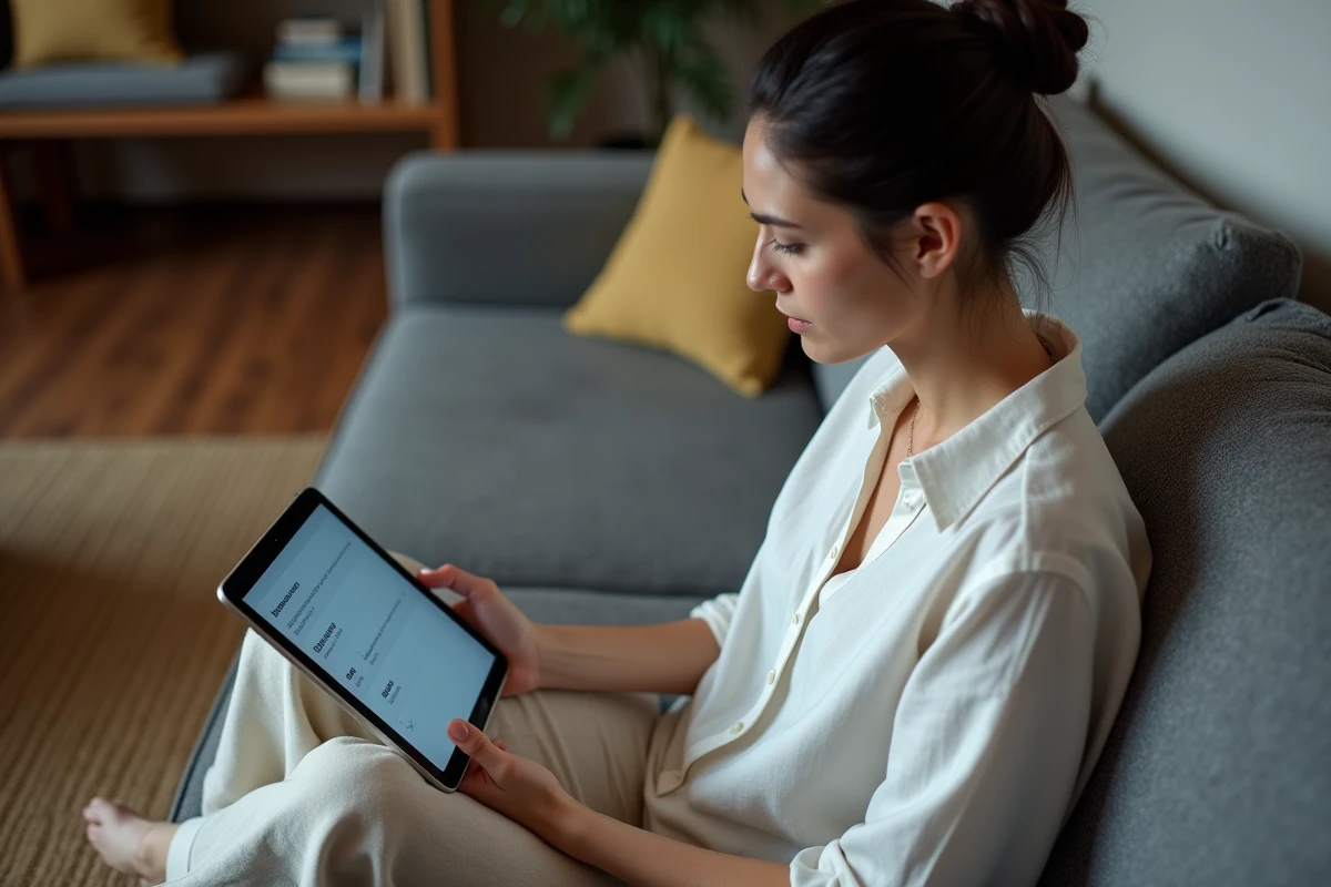 Femme consultant les paramètres DNS sur une tablette dans un salon moderne