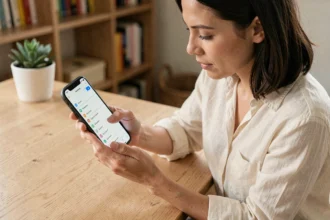 Femme consultant les réglages cachés de l'application RED&Moi sur son smartphone depuis un bureau à domicile