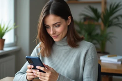 Femme tenant un Samsung Galaxy A35 5G et consultant son écran dans un bureau à domicile moderne