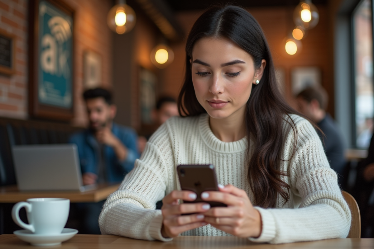 Femme regardant une publicité sur smartphone dans un café