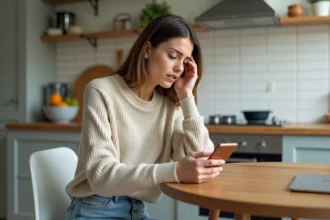 Femme assise à la cuisine examine son smartphone