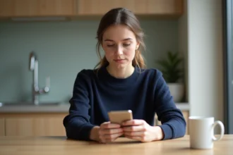 Jeune femme configure son smartphone dans la cuisine