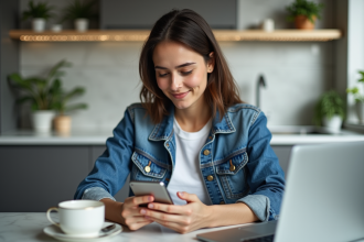 Femme en cuisine vérifiant son smartphone avec satisfaction