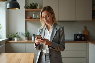 Femme d'âge moyen utilisant son smartphone dans une cuisine moderne