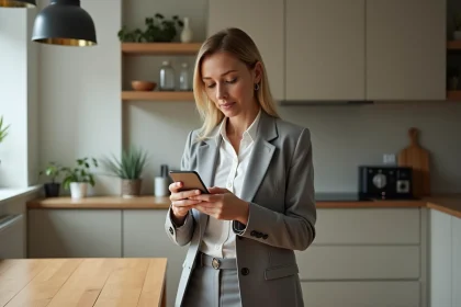 Femme d'âge moyen utilisant son smartphone dans une cuisine moderne