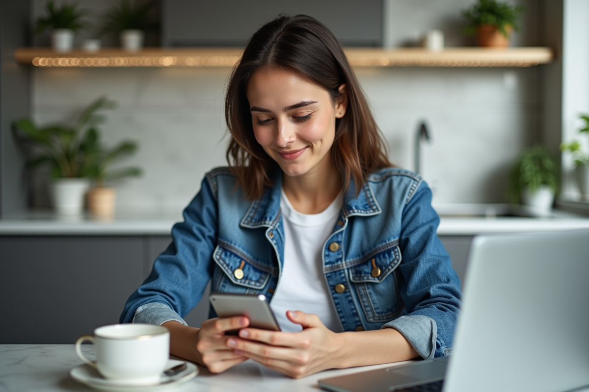 Femme en cuisine vérifiant son smartphone avec satisfaction