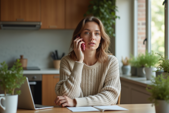Jeune femme parlant à son smartphone dans la cuisine