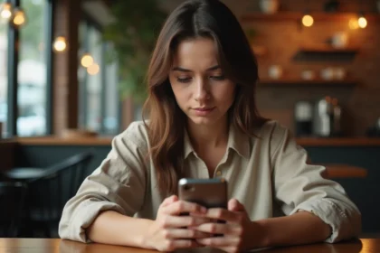 Jeune femme consultant ses stories Instagram sur son smartphone dans un café, illustrant l'anonymat des vues de stories à la une