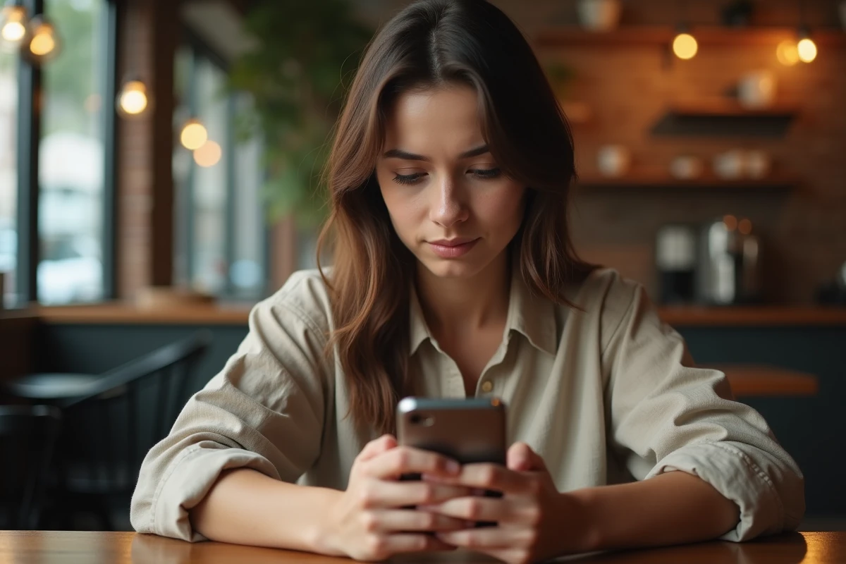 Jeune femme consultant ses stories Instagram sur son smartphone dans un café, illustrant l'anonymat des vues de stories à la une