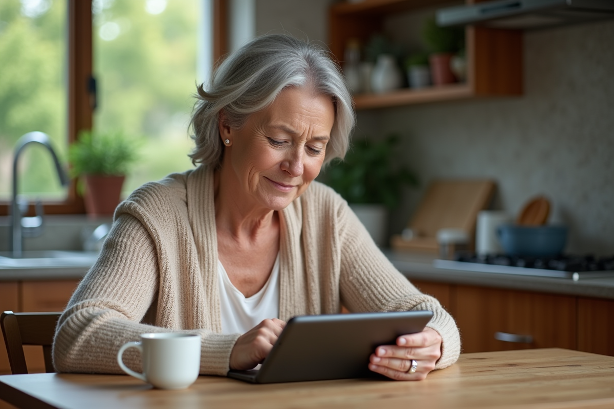 Femme âgée utilisant une tablette avec cadenas HTTPS