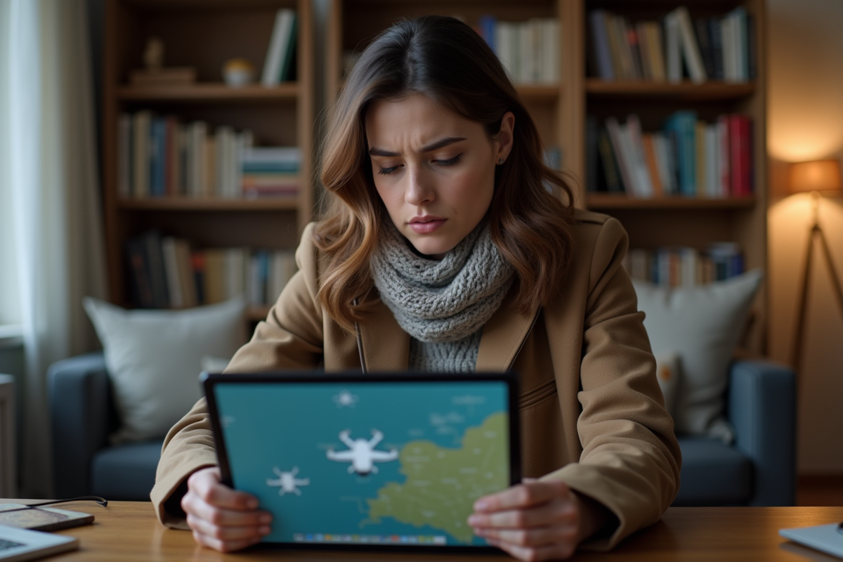 Femme regardant une carte de vol de drone sur tablette