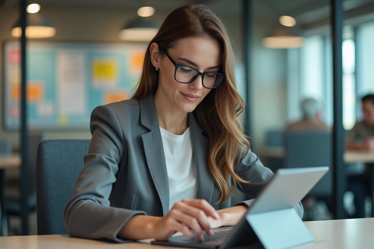 Femme remplissant un formulaire en ligne sur une tablette dans un espace partagé
