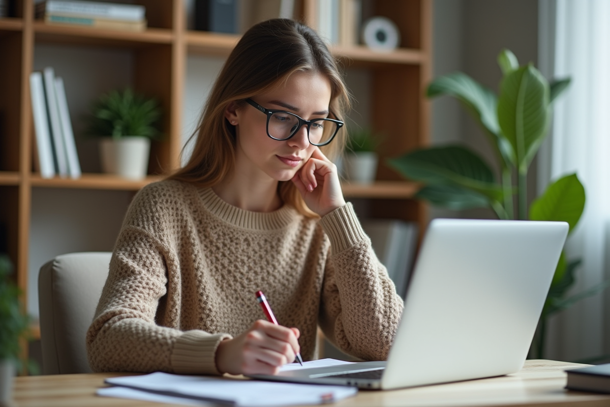 Femme concentrée analysant des données marketing dans son bureau