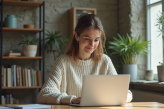 Jeune femme travaillant sur un ordinateur dans un bureau lumineux