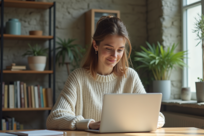 Jeune femme travaillant sur un ordinateur dans un bureau lumineux