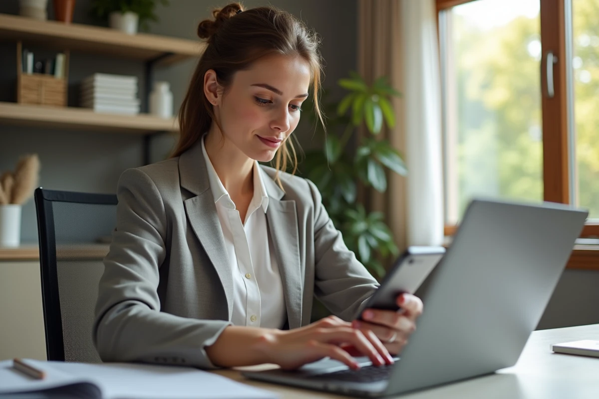 Jeune femme concentrée utilisant son ordinateur et smartphone
