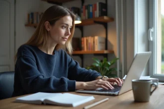 Femme utilisant ChatGPT en français sur un ordinateur portable dans un bureau à domicile parisien