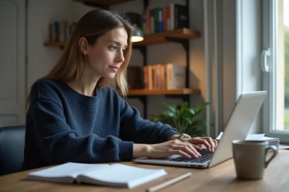 Femme utilisant ChatGPT en français sur un ordinateur portable dans un bureau à domicile parisien