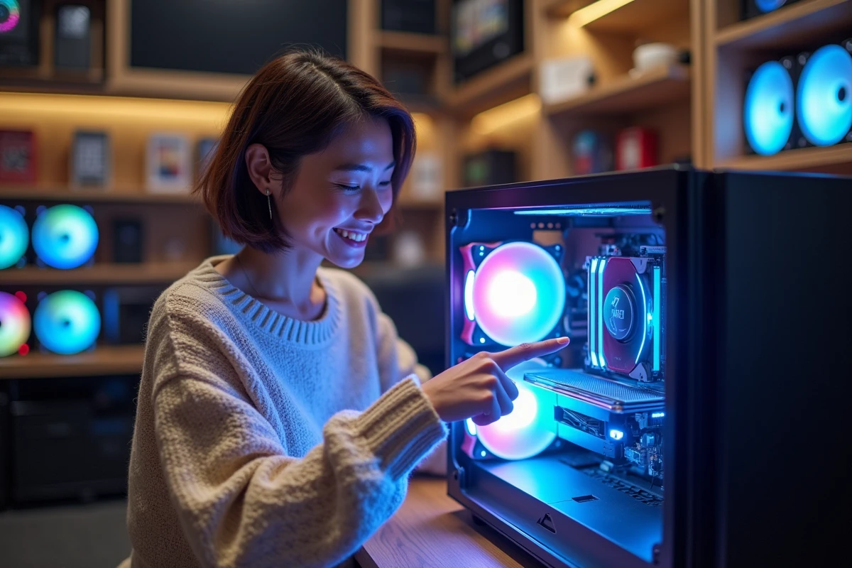 Femme souriante pointant un refroidisseur RGB dans un PC
