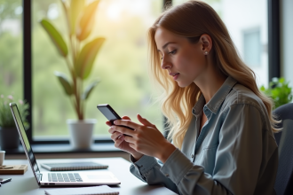 Jeune femme utilisant la recherche vocale sur smartphone dans un espace moderne