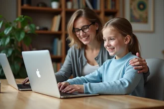 Jeune fille de 10 ans avec sa mère devant un ordinateur