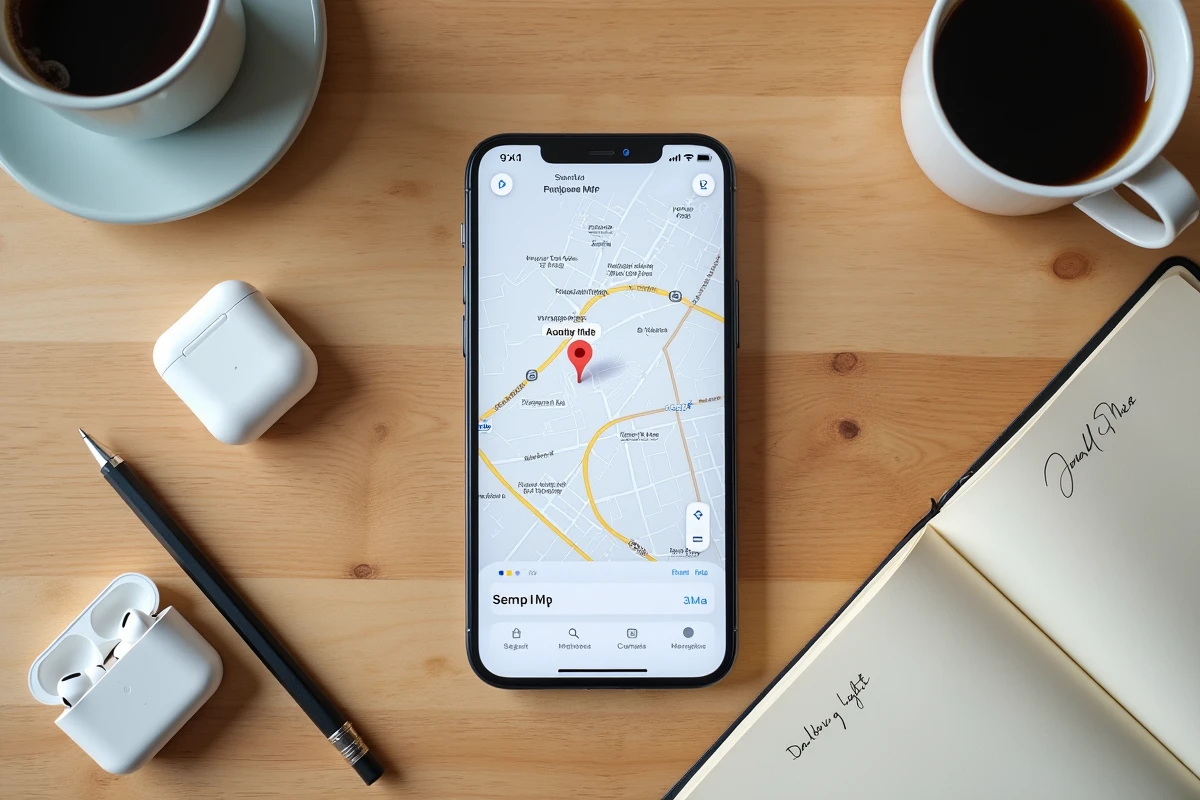 Vue aérienne d'un iPhone affichant l'application iCloud Find My entouré d'accessoires Apple sur un bureau en bois