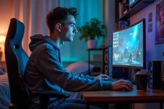Jeune homme gamer concentré devant son écran dans sa chambre