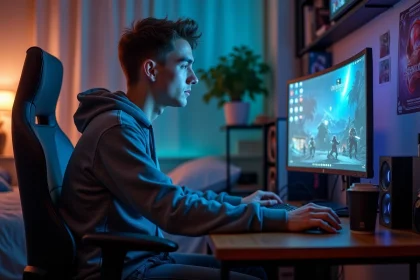 Jeune homme gamer concentré devant son écran dans sa chambre