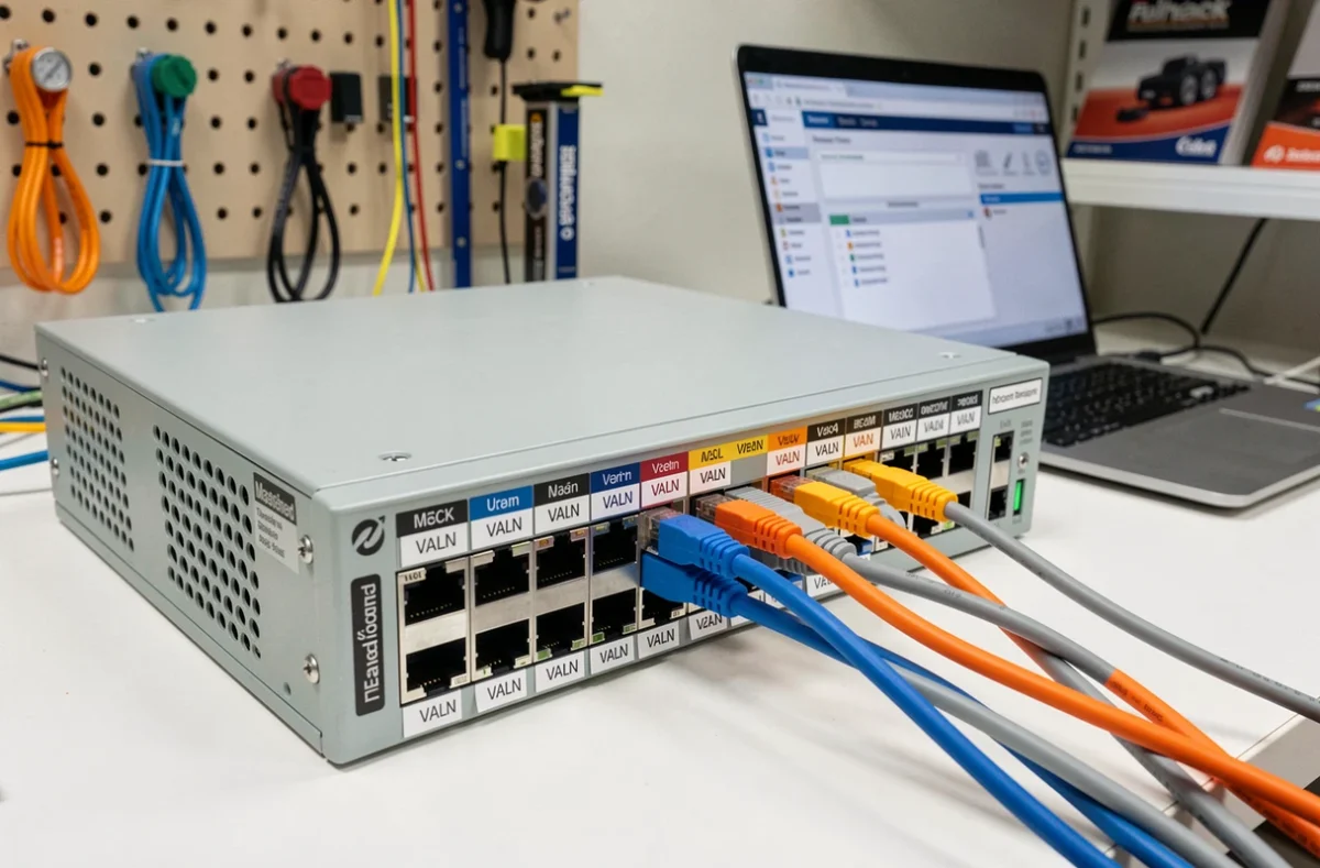 Gros plan sur les ports d'un switch réseau avec étiquettes VLAN et câbles Ethernet colorés sur un établi IT