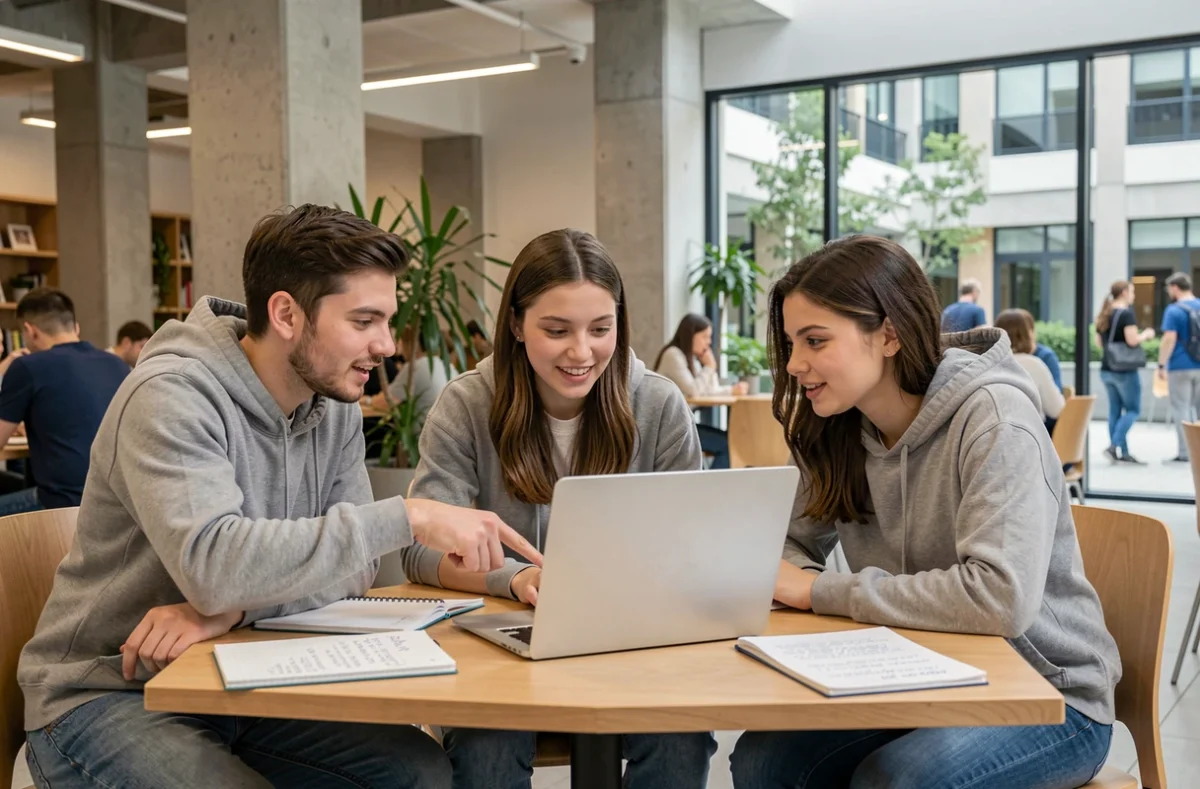 Groupe d'étudiants collaborant sur Zimbra pour organiser un travail en groupe à l'université Caen