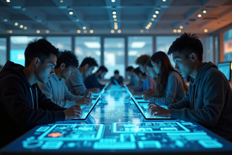 Groupe de jeunes adultes travaillant sur un bureau futuriste avec hologrammes de quantum