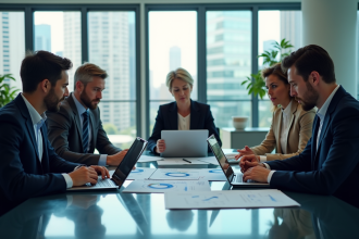 Groupe de professionnels en réunion avec tableaux numériques