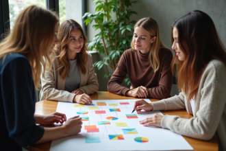 Groupe de professionnels collaborant sur un tableau UX